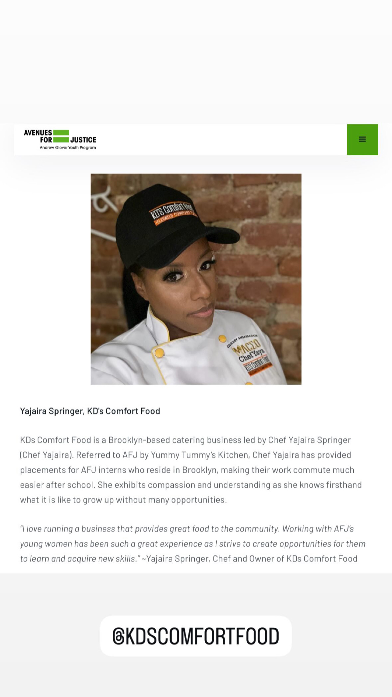 Chef Yaya featured by Avenues for Justice